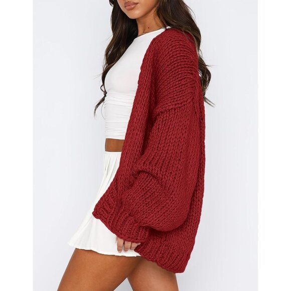 Womens Trendy Cardigan Sweaters Jujube Red Long Sleeve Chunky Knit Outfits - Picture 4 of 8